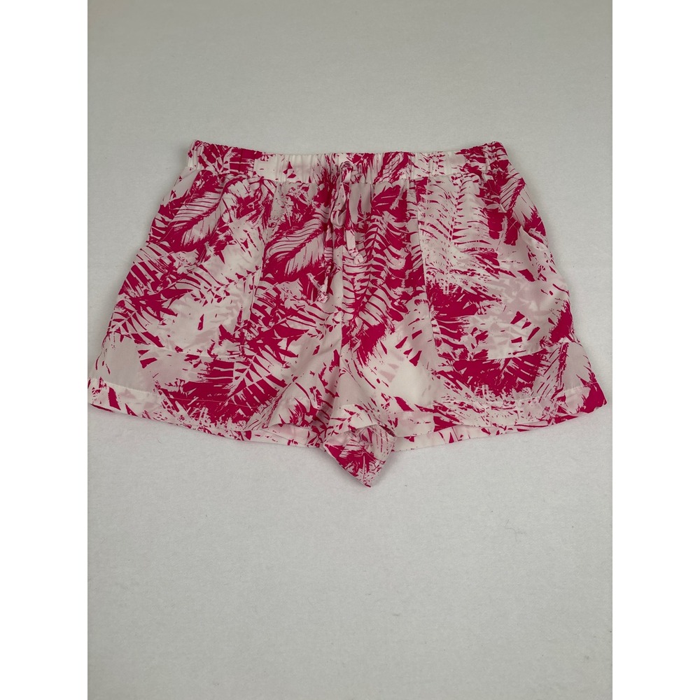 West Loop Pink White Tropical Palm‎ Leaf Print Shorts Elastic Waist S/M